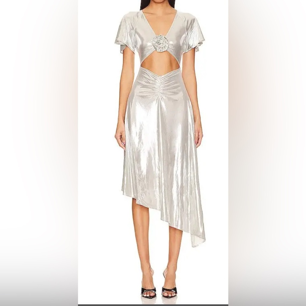 NWT WEWOREWHAT Asymmetrical Silver Cut-out Dress - large